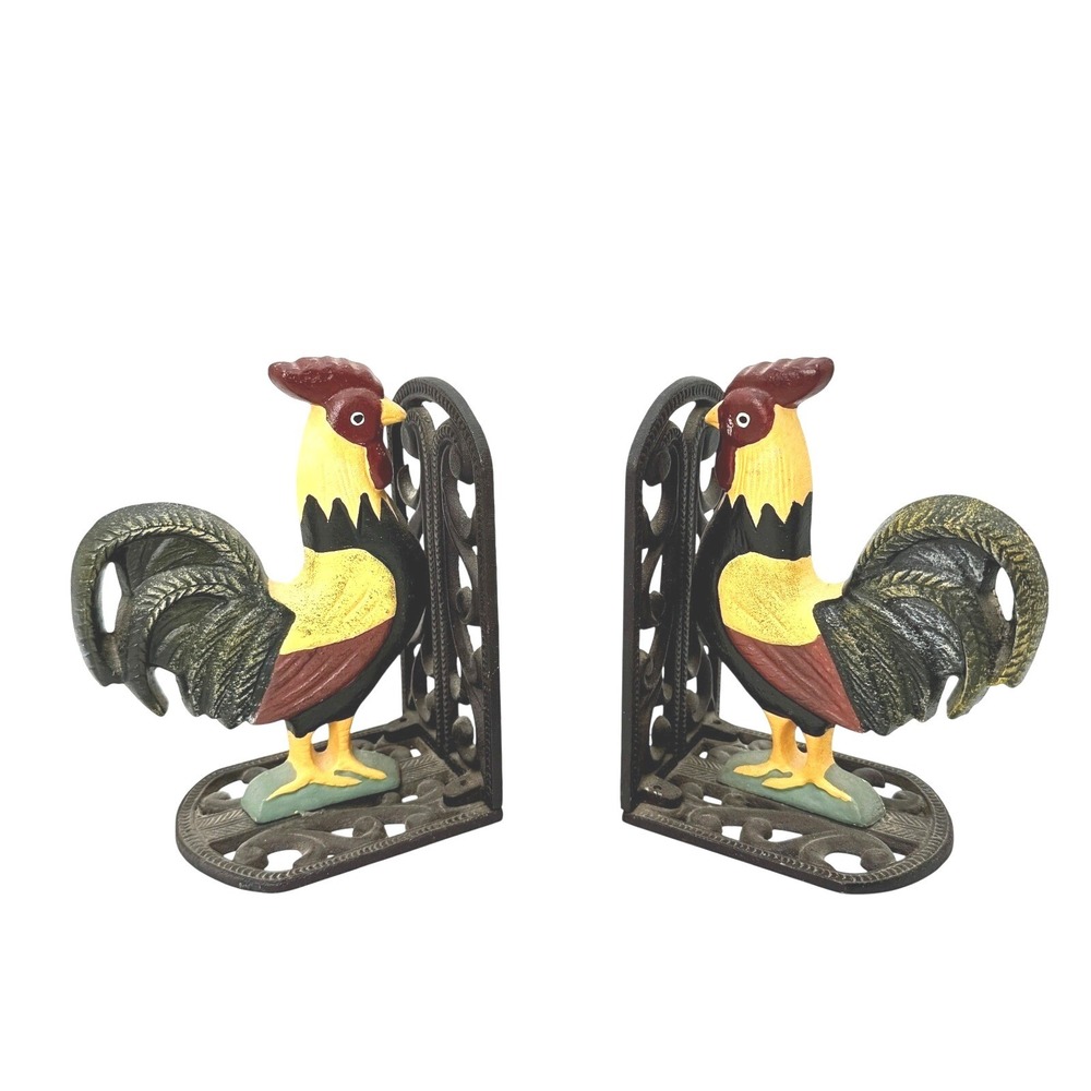 Vintage Style Cast Iron Rooster Bookends Pair Farmhouse Decor Rustic Heavyweight